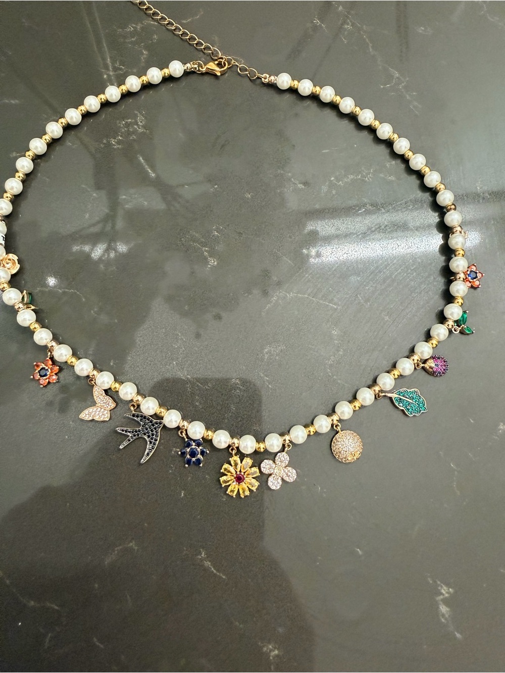 Pearl Charm Necklace with Multicolor Pave Charms